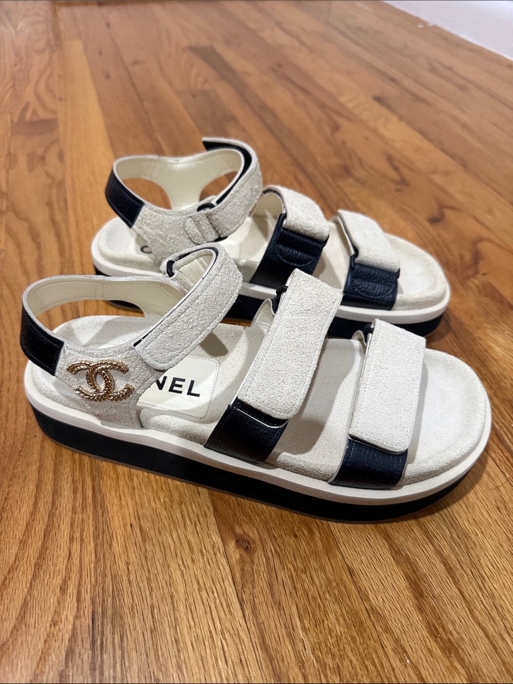 CHANEL White and Black Suede Velcro Sandals with Gold Logo